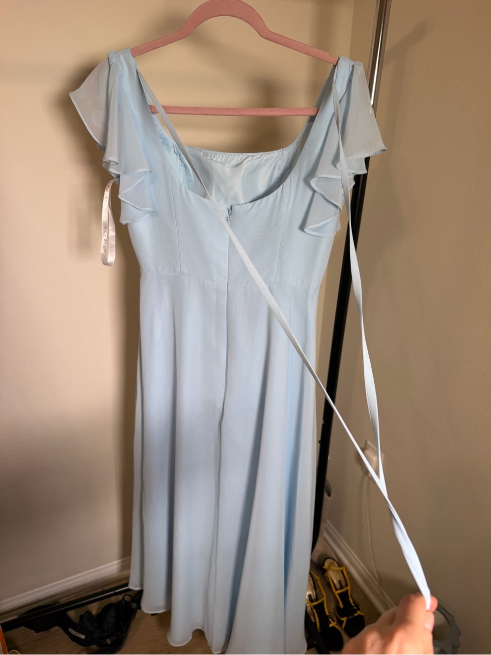 Azazie Light Blue Chiffon Flutter Sleeve Maxi Dress A8 - Picture 5 of 6